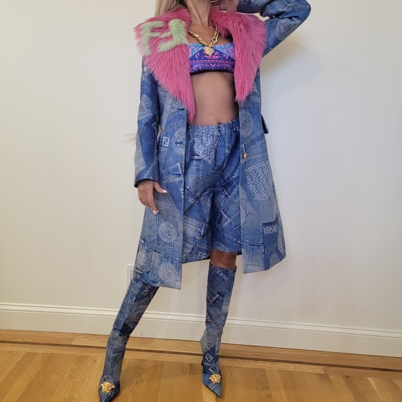 Rare Runway Fendace Medusa head Zucca monogram Denim Jacket faux fur attachment - Picture 2 of 16